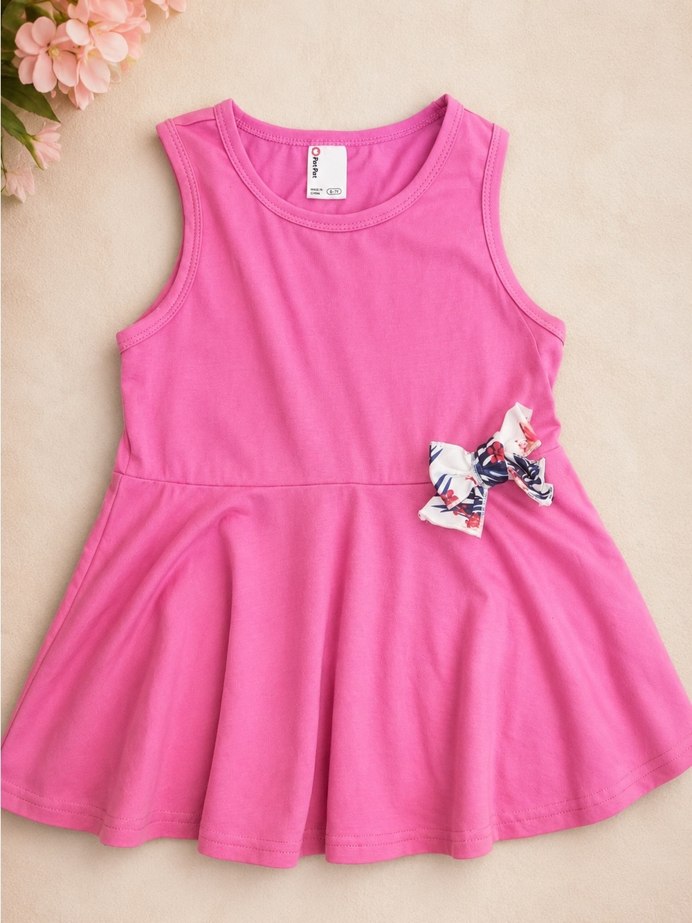 PatPat Girls Pink Sleeveless Skater Dress w/ Floral Bow Accent Size 6-7Y